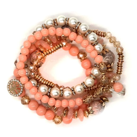 Bracelet Coral Color Beads Five strands Charms - Picture 3 of 4